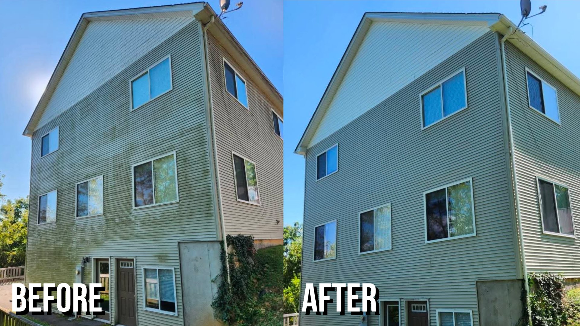 Before and after soft washing a three-story home covered in green algae