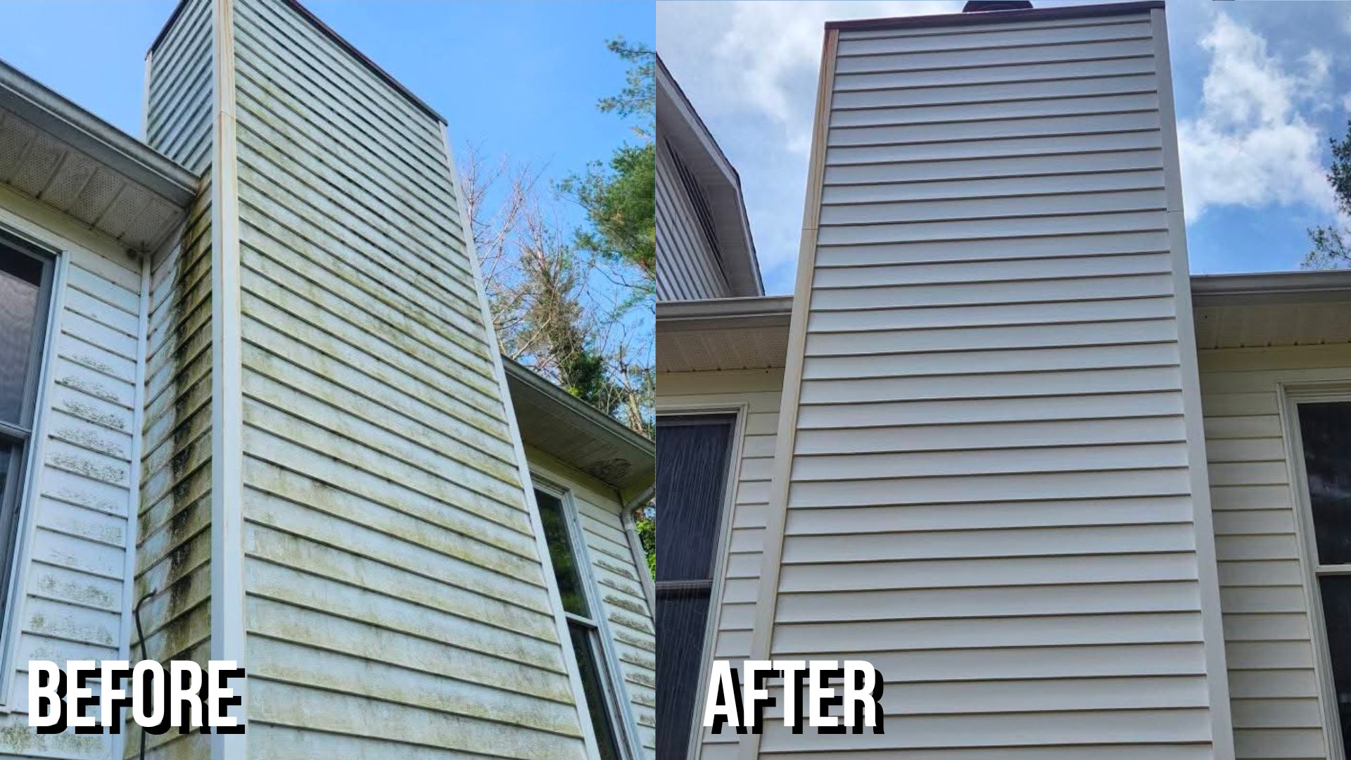 Before and after soft washing algae-covered vinyl siding and chimney chase